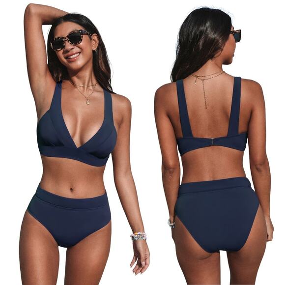 Cupshe Longline V Neck Bralette & Navy Classic High Waist Bikini Set Set M - Picture 1 of 8